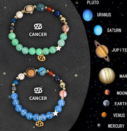 Two adjustable zodiac bracelets with natural stone beads and stainless steel charms showing 18-22cm circumference
