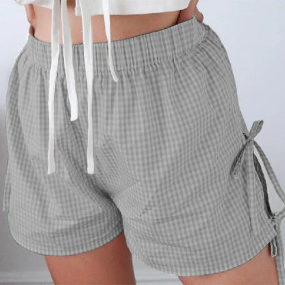 Women's loose plaid print shorts with lace-up design in various colors