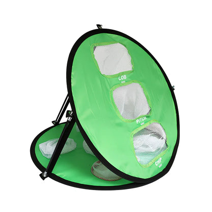 Green portable golf practice net with fibre glass frame unfolded to 57cm x 50cm dimensions