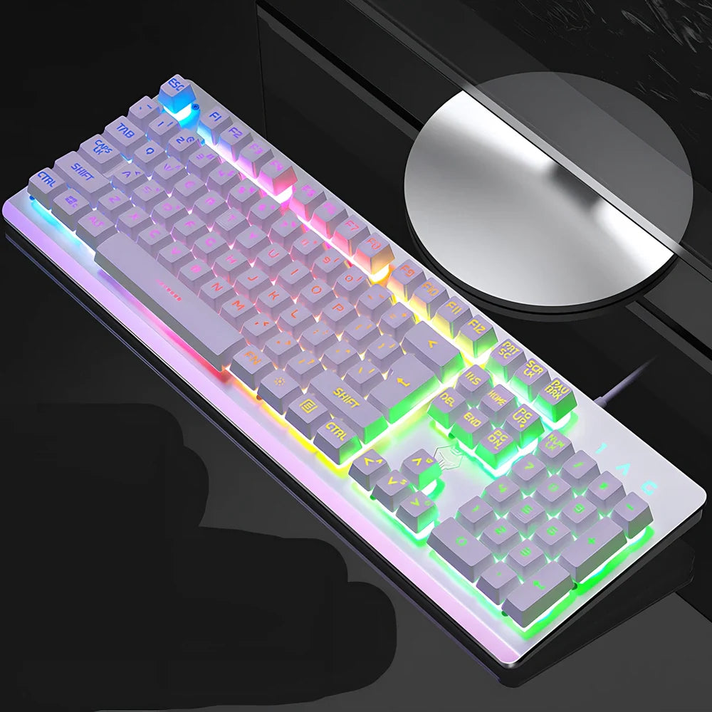 K002 metal gaming keyboard with rainbow backlighting and 104-key layout showing USB connection