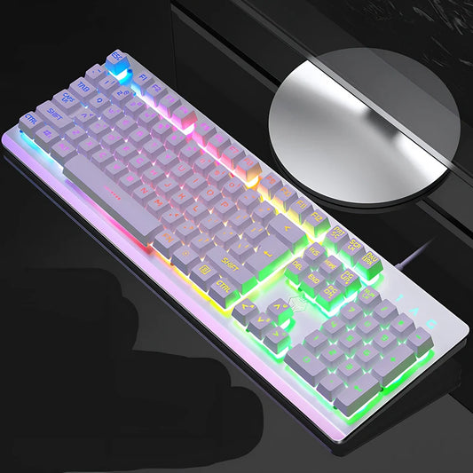 K002 metal gaming keyboard with rainbow backlighting and 104-key layout showing USB connection
