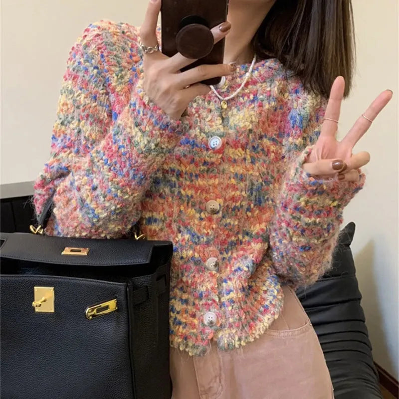 Pink and green retro style knitted cardigan with slim fit and toothbrush hair fabric
