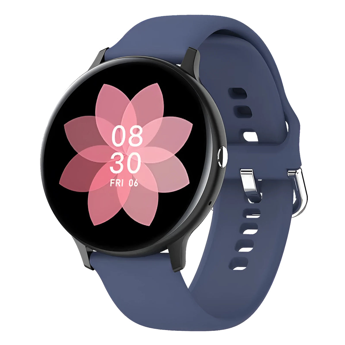 Black smart bracelet watch with touch screen displaying heart rate, on a wrist.