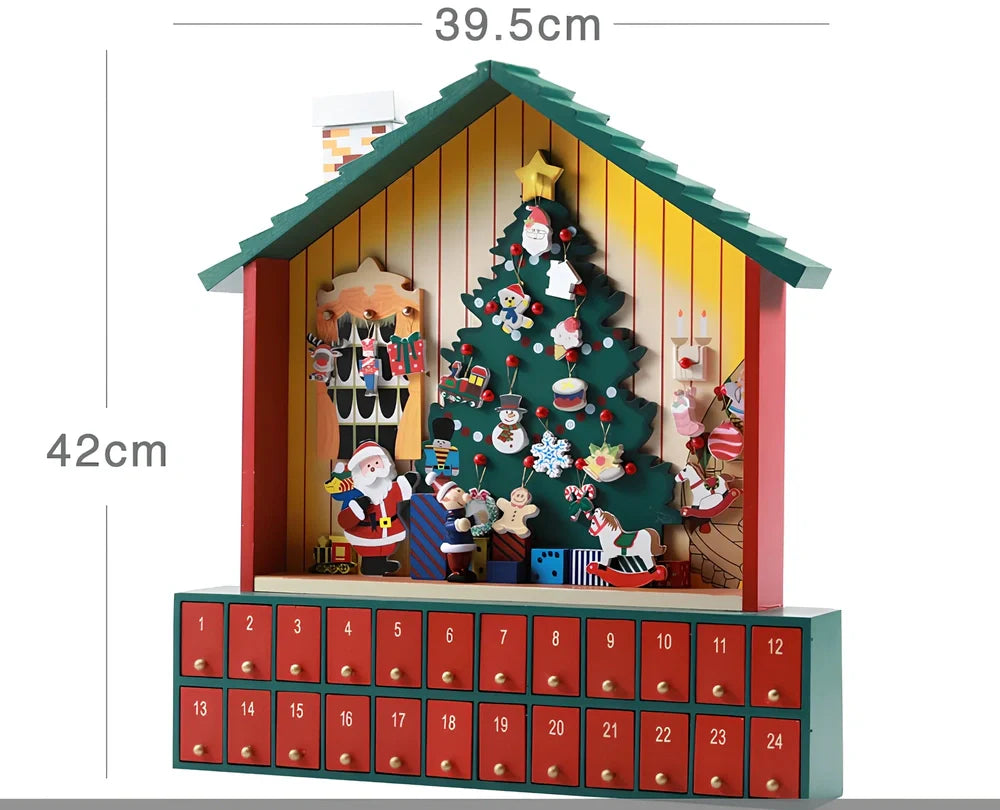 Wooden Christmas advent calendar with 24 numbered compartments in red and green colours measuring 37x32cm