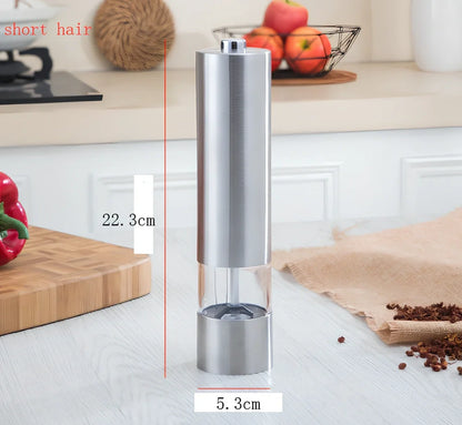 Silver stainless steel electric salt and pepper grinder with one-handed operation button