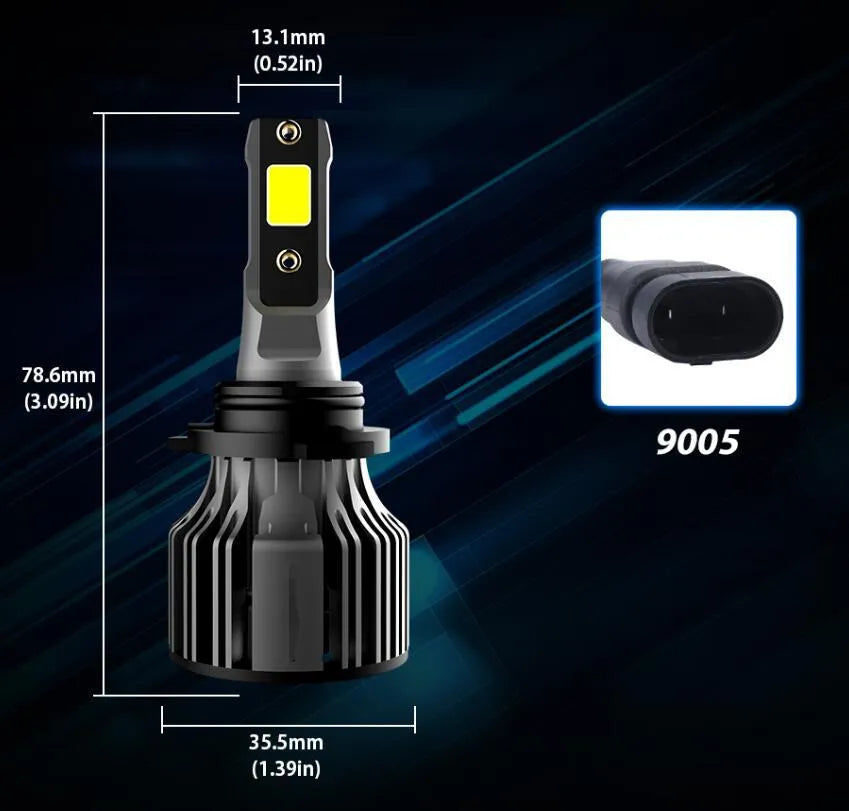 Pair of 6000K white LED car headlight bulbs with adjustable chuck and connector on a dark background.