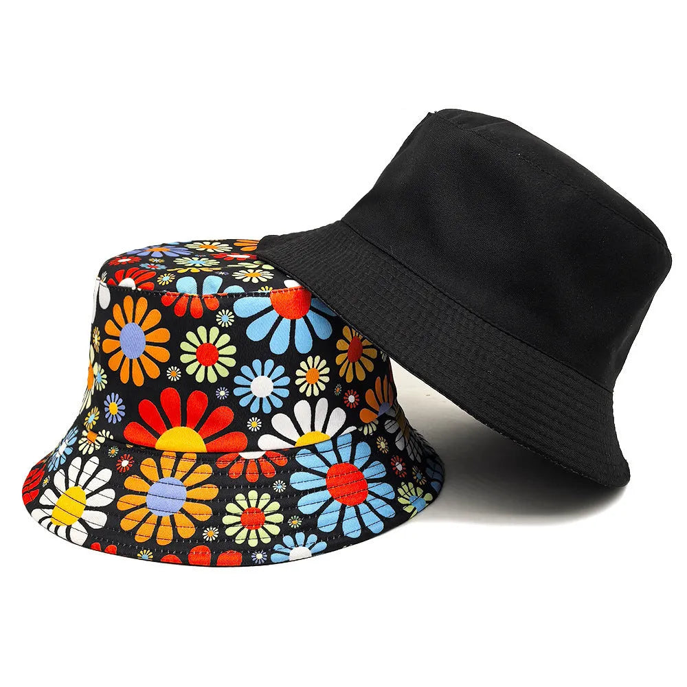 Colourful flower print polyester bucket hat with dome crown design