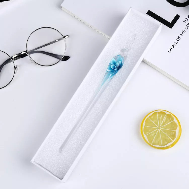 Crystal Flower Glass Dip Pen Set with elegant floral design and smooth writing nib