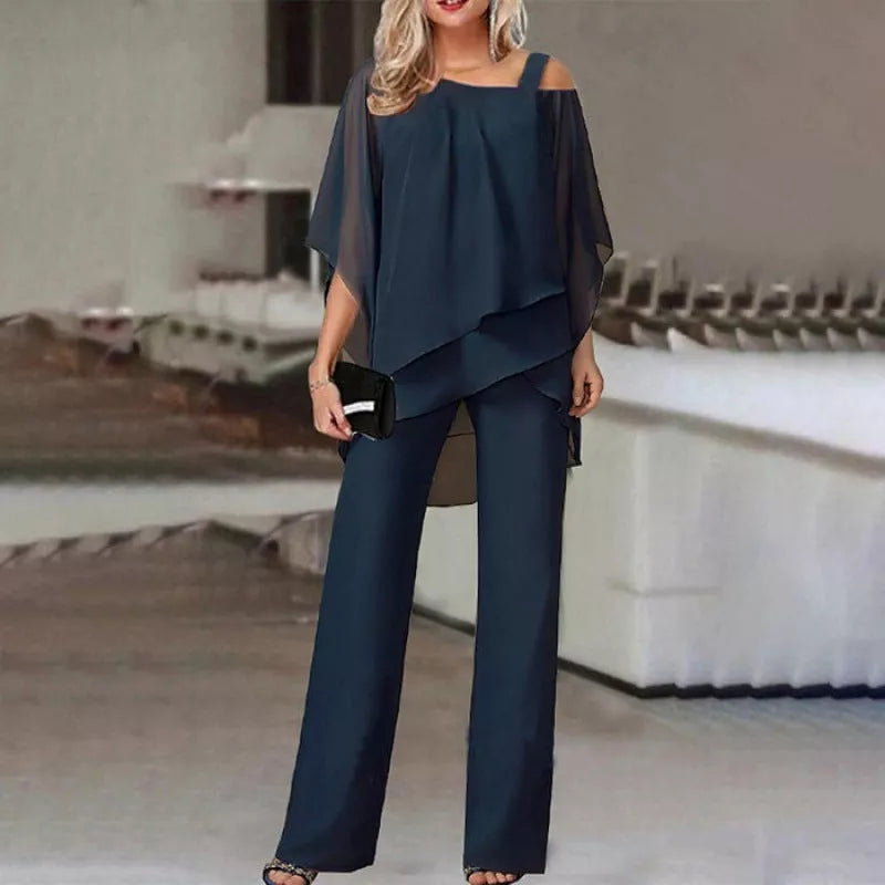 Women's batwing sleeve top and straight trousers set in polyester, available in multiple colors