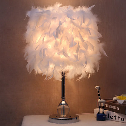 Feather night light with fur shade showing push-button switch and LED illumination in pink colour option
