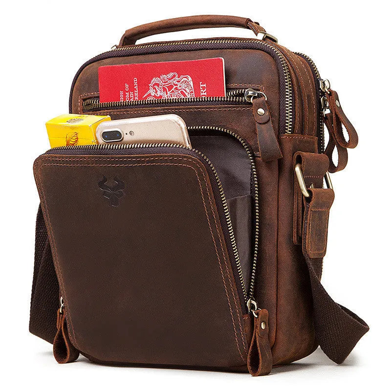 Men's brown crazy horse leather single-shoulder crossbody bag with visible stitching.