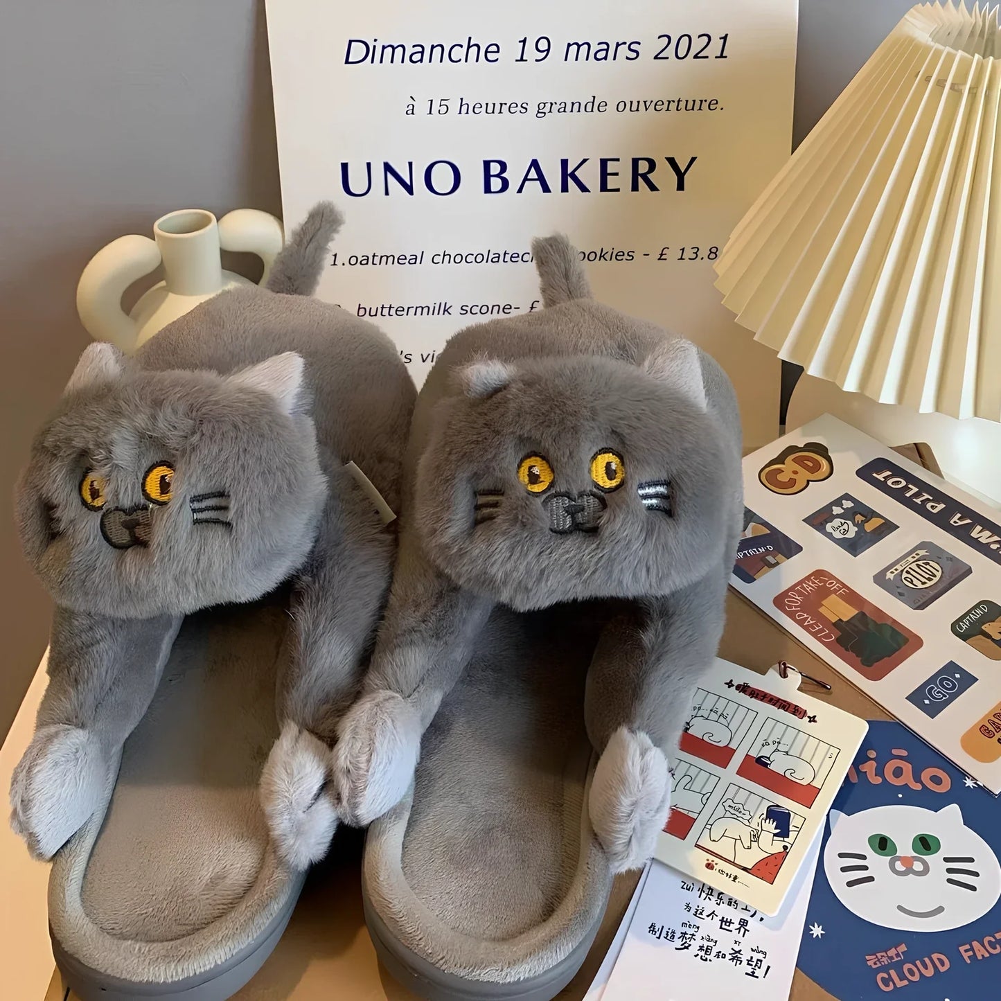 Cotton cat slippers with non-slip sole and animal pattern in blue, white, or beige