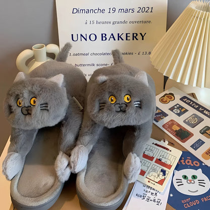 Cotton cat slippers with non-slip sole and animal pattern in blue, white, or beige