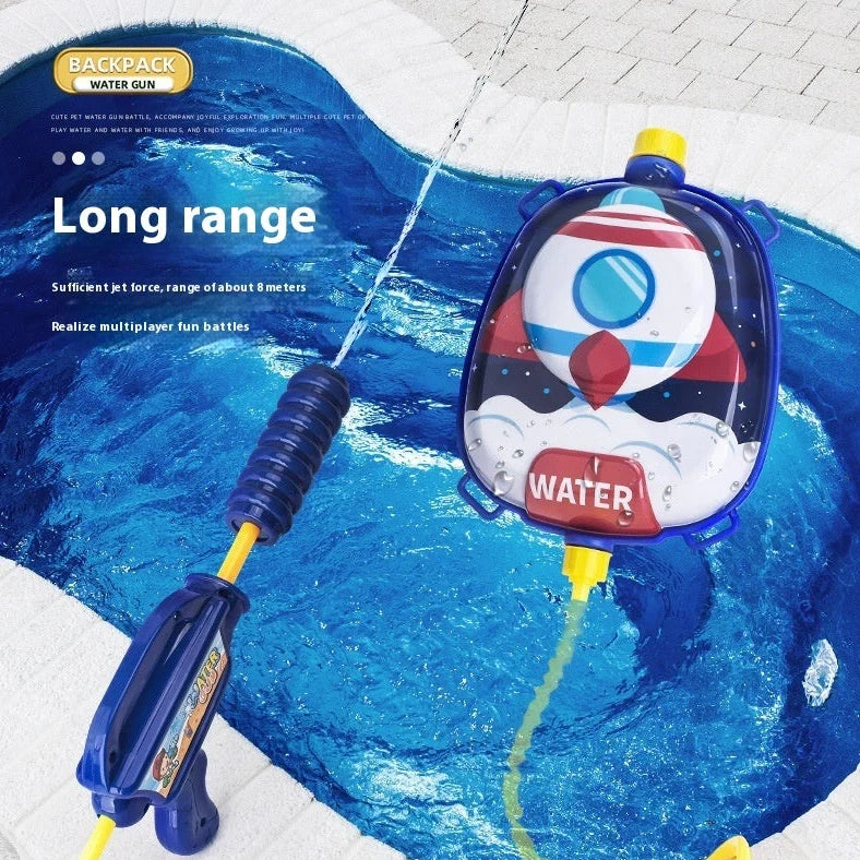 Children's backpack water gun with 1500ml capacity showing dinosaur character design and adjustable shoulder straps