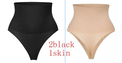 Mid Waist Seamless T-back Belly Striped Briefs for Women in black and skin color