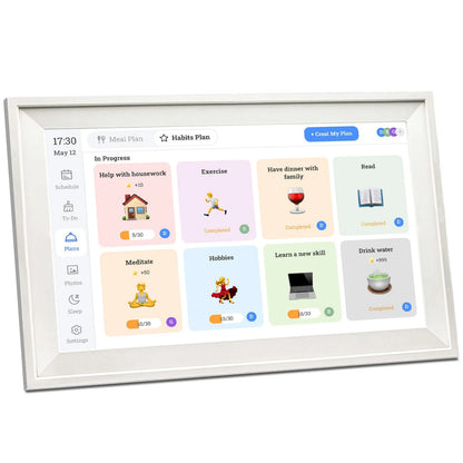 White smart digital photo frame with 15.6-inch screen on a table, showing a family photo in high definition.