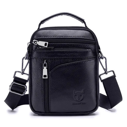 Men's black genuine leather shoulder messenger bag with retro styling
