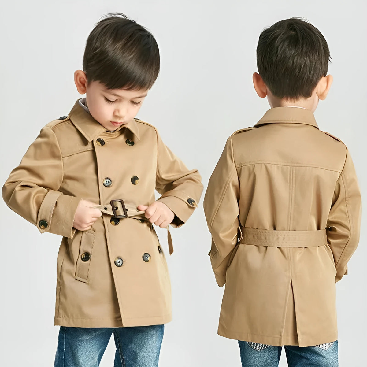 British style children's cotton jacket in khaki with long sleeves and detachable belt, sizes 100-140cm
