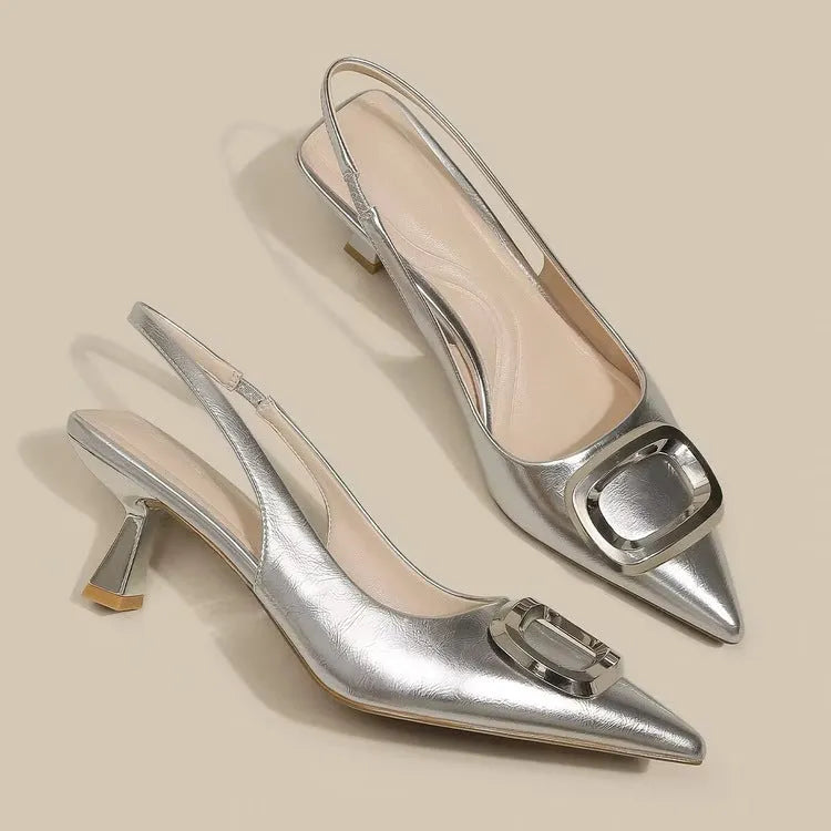 Pointed toe high heels with French square buckle, microfiber upper, rubber sole, sizes 35-39