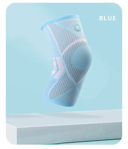 Non-slip knee compression sleeves in blue, pink, and black for pain relief and support