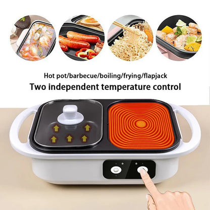 White or green dual-function electric hot pot and frying oven appliance with mechanical controls
