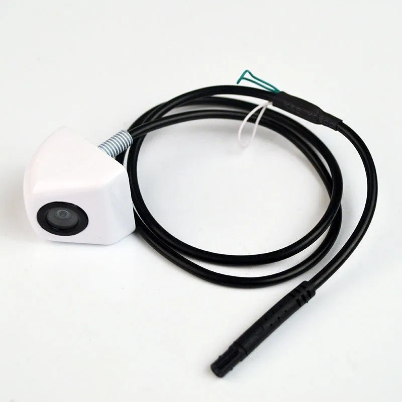 Black screw-mount HD waterproof rearview camera for cars with night vision, shown with connection cable.