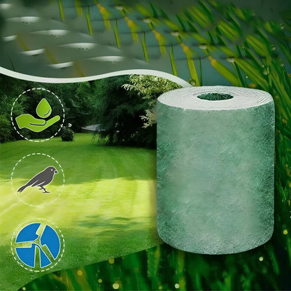 Biodegradable grass seed mat unrolled, 20cm x 300cm size, showing wind-proof fabric for soil consolidation and moisture retention in garden use