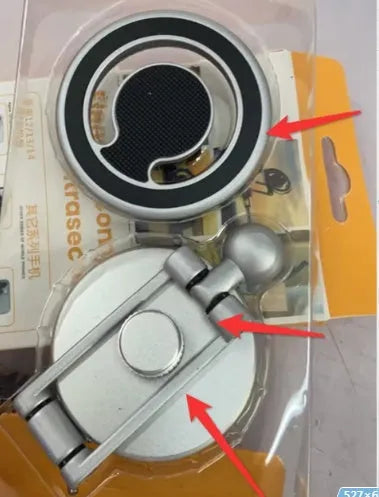 Black telescopic magnetic car phone holder extended, showing phone attached and 360-degree rotation joint on dashboard