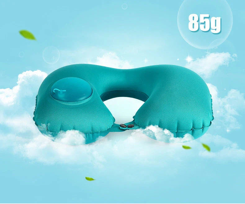 Inflatable U-shaped travel pillow with built-in air valve for customizable comfort and neck support during flights and car travel