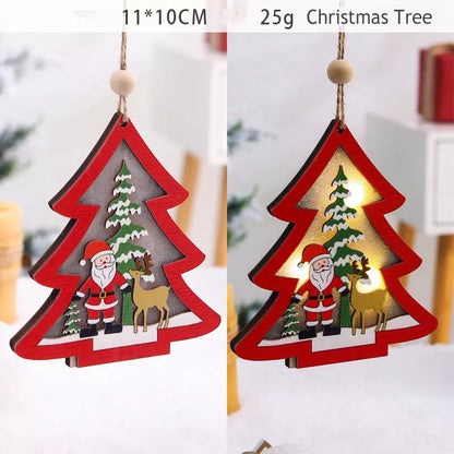 Handmade LED light wooden hanging pendants for Christmas decor in various designs