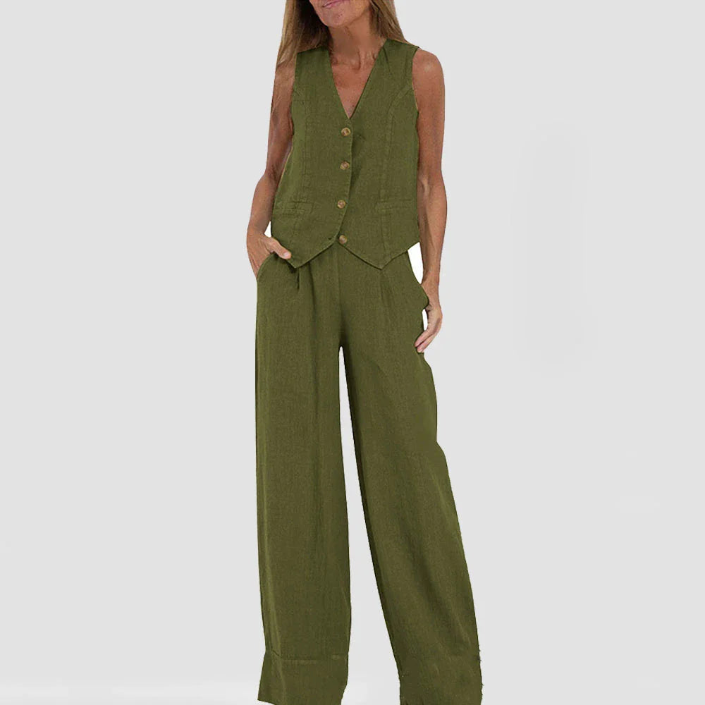 Stylish women's summer vest outfit with V-neck, sleeveless top, and loose straight trousers in a variety of colors