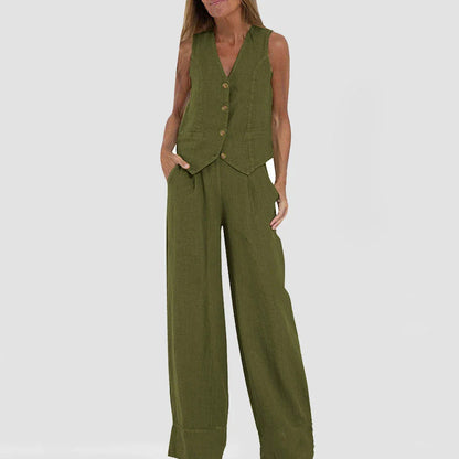 Stylish women's summer vest outfit with V-neck, sleeveless top, and loose straight trousers in a variety of colors
