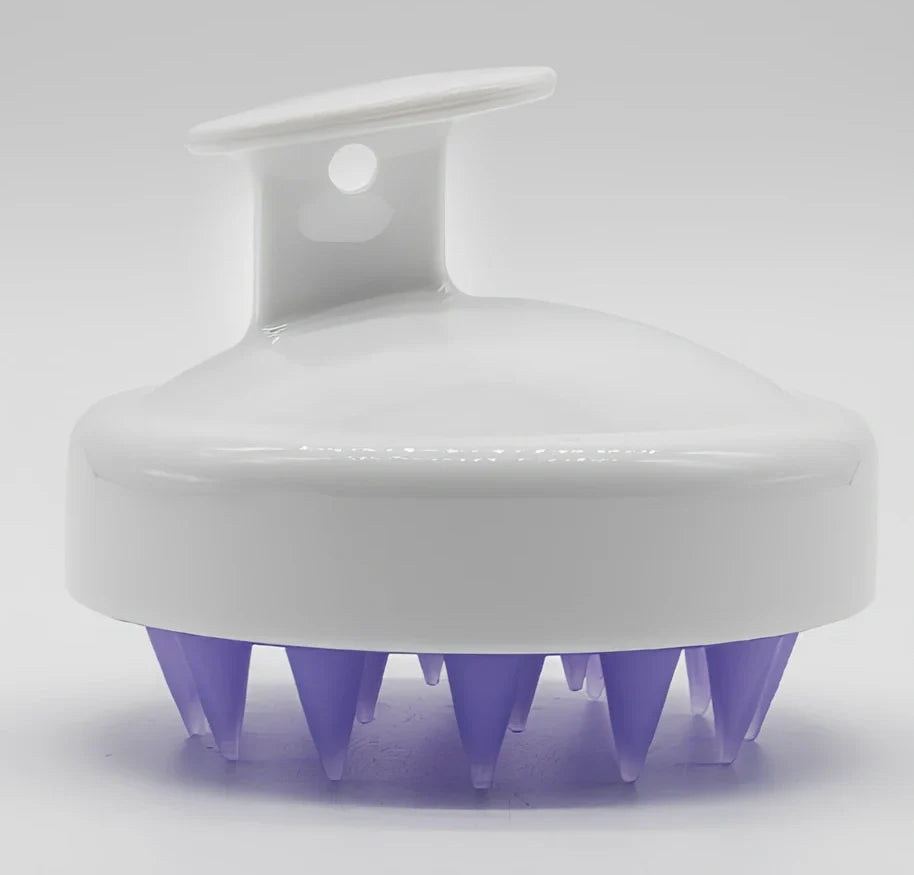 Black silicone shampoo brush with hook design measuring 8x8x7cm for scalp massage during hair washing