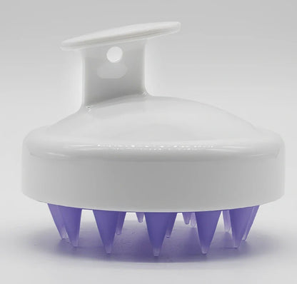 Black silicone shampoo brush with hook design measuring 8x8x7cm for scalp massage during hair washing