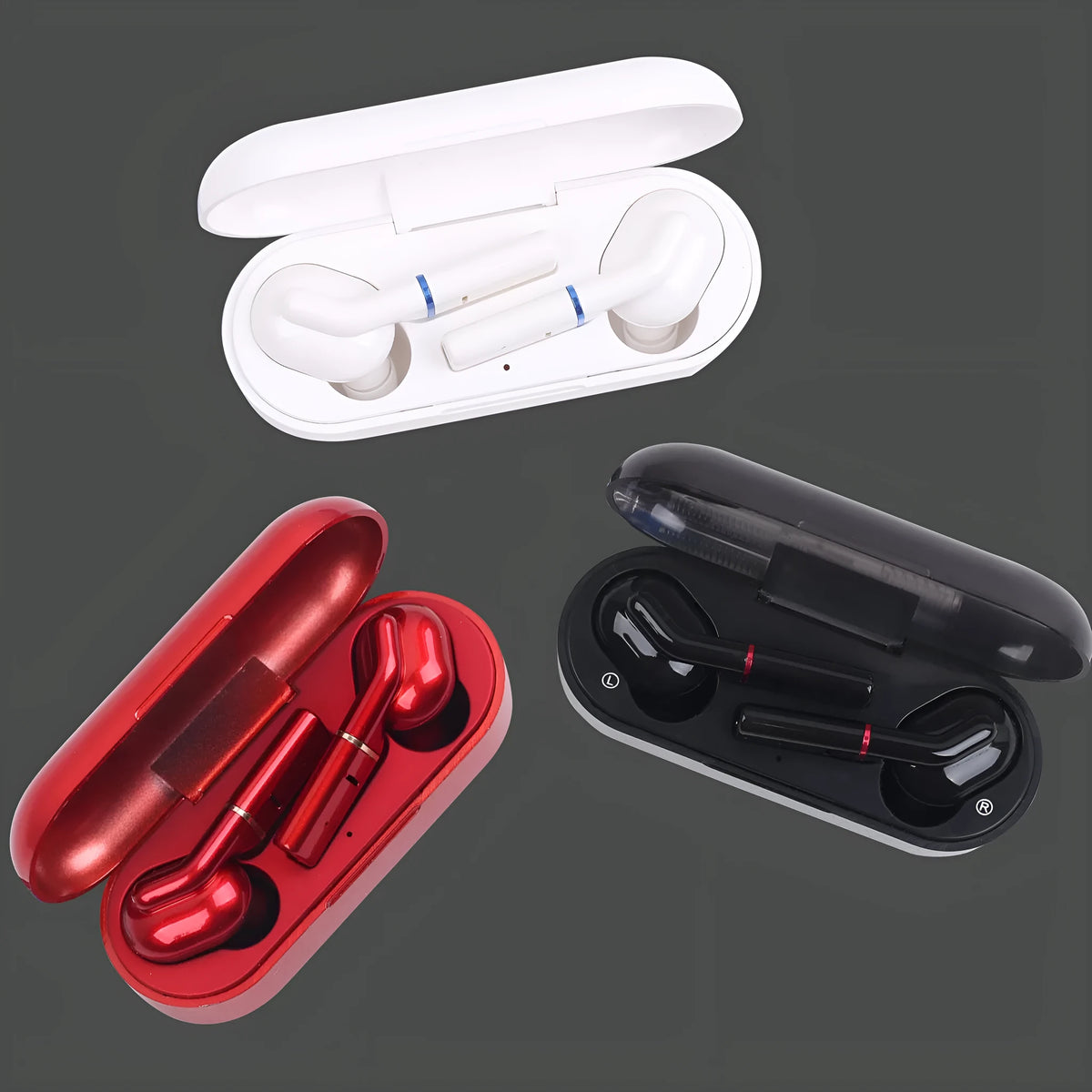 VV1 black and white Bluetooth earphones with a compact charging case on a table.