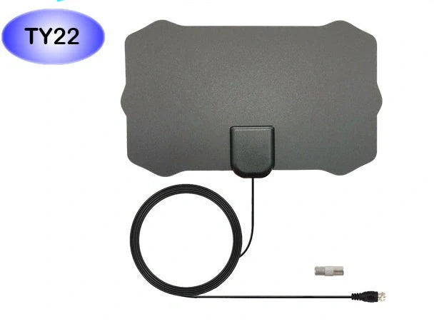 Compact HD digital TV antenna with adhesive back for easy installation and 80-mile range.