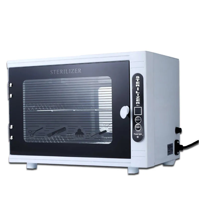 Small ultraviolet steriliser with silver colour plate shell and stainless steel interior chamber for salon tool sanitisation