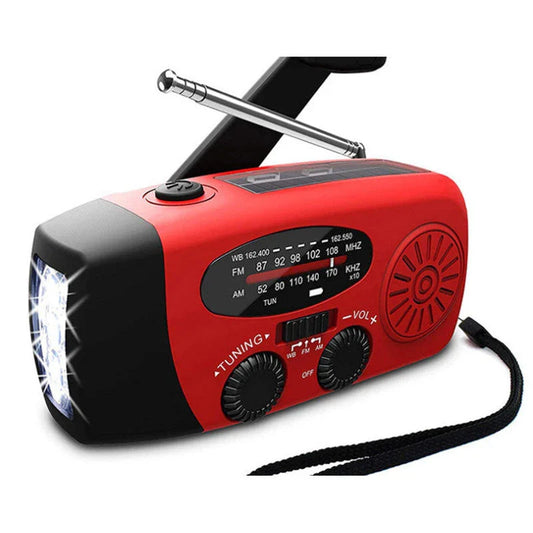 Powerful solar-powered radio and flashlight with hand crank and USB charging capabilities