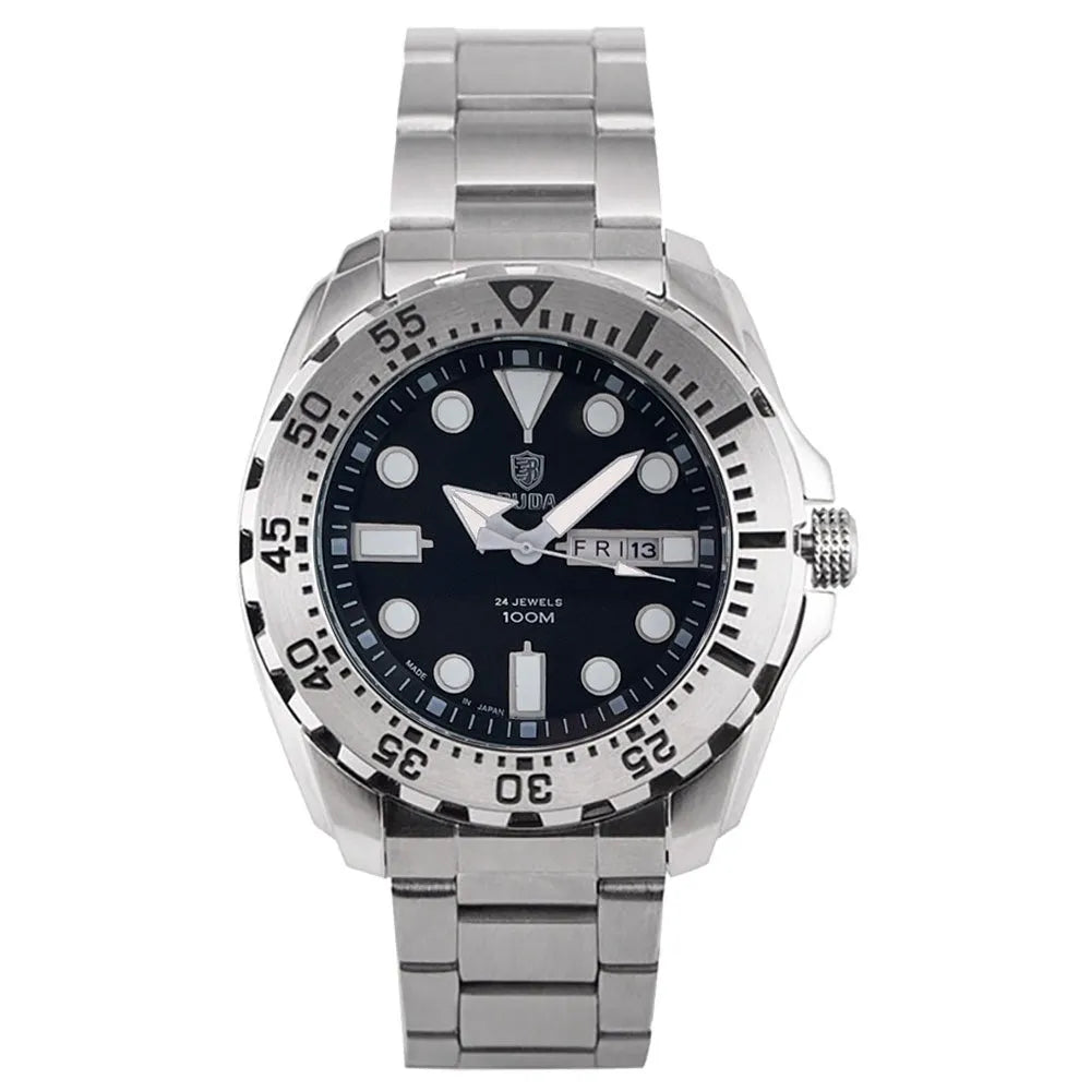 Men's waterproof luminous sports watch showing blue dial with steel strap option