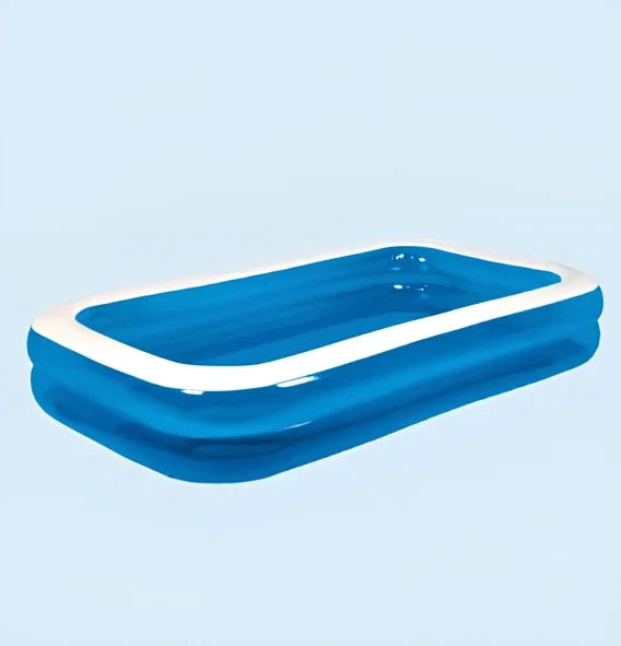 Large rectangular blue paddling pool measuring 200cm long × 150cm wide in garden setting