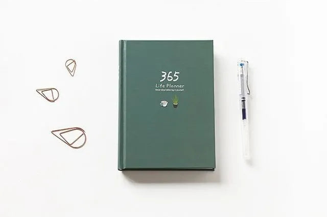 Hardback Notebook Planner 13.5x18.2cm 228 Pages 100gsm White Cattle Paper 365 Day Plan with 2 Annual 12 Monthly 5 Project Pages Dark Green Pink