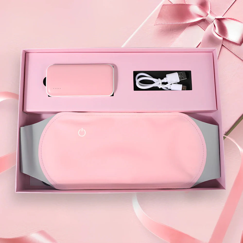 Pink Warm Heart Heating Belt with temperature control buttons and LED indicators on Lycra fabric surface