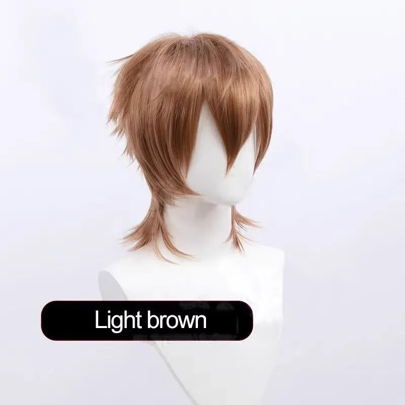 Short black anime-style cosplay wig for men with a lengthened hair tail, made from synthetic fibre.