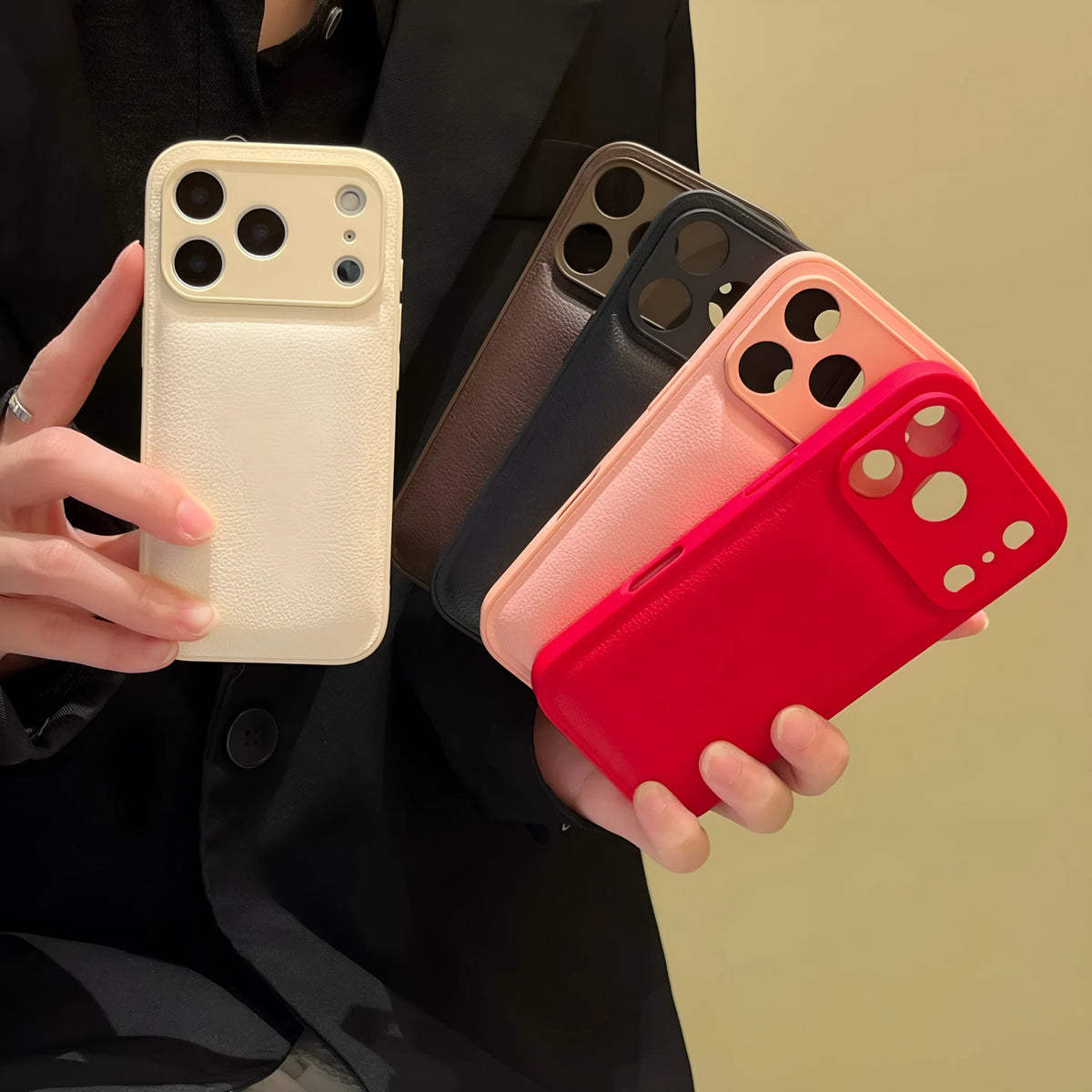Litchi grain leather iPhone case with PC anti-fall shell, black brown or white, for iPhone 15 16 17 Pro Max