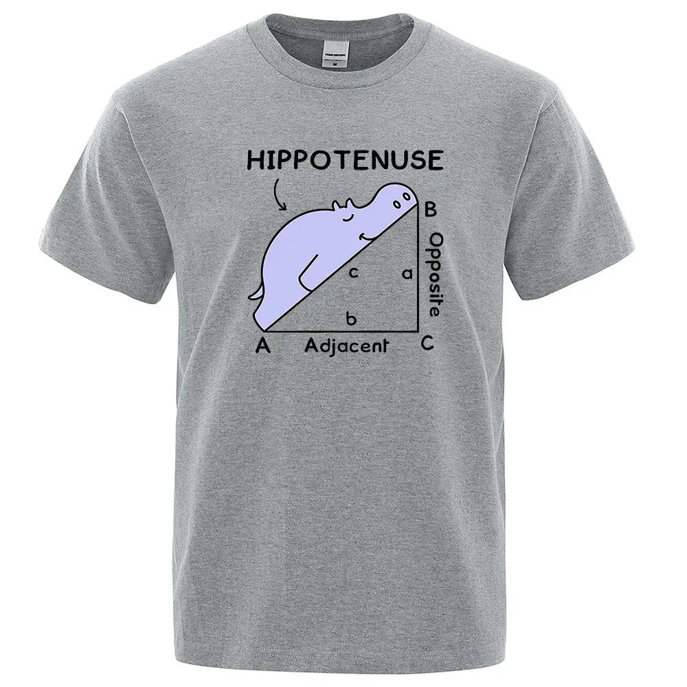 Loose fit white cotton t-shirt featuring a colourful 'Hippotenuse Opposite Adjacent' funny printed design on the front.
