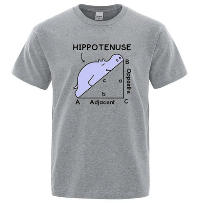 Loose fit white cotton t-shirt featuring a colourful 'Hippotenuse Opposite Adjacent' funny printed design on the front.