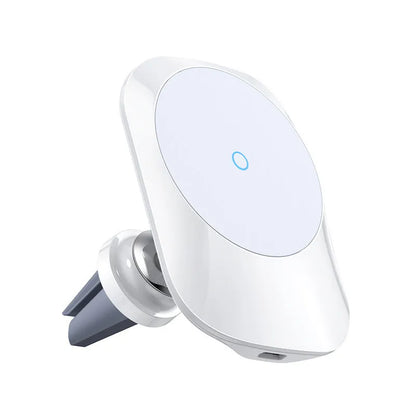 Magnetic car wireless charger with air vent clip and dashboard mount in black or white