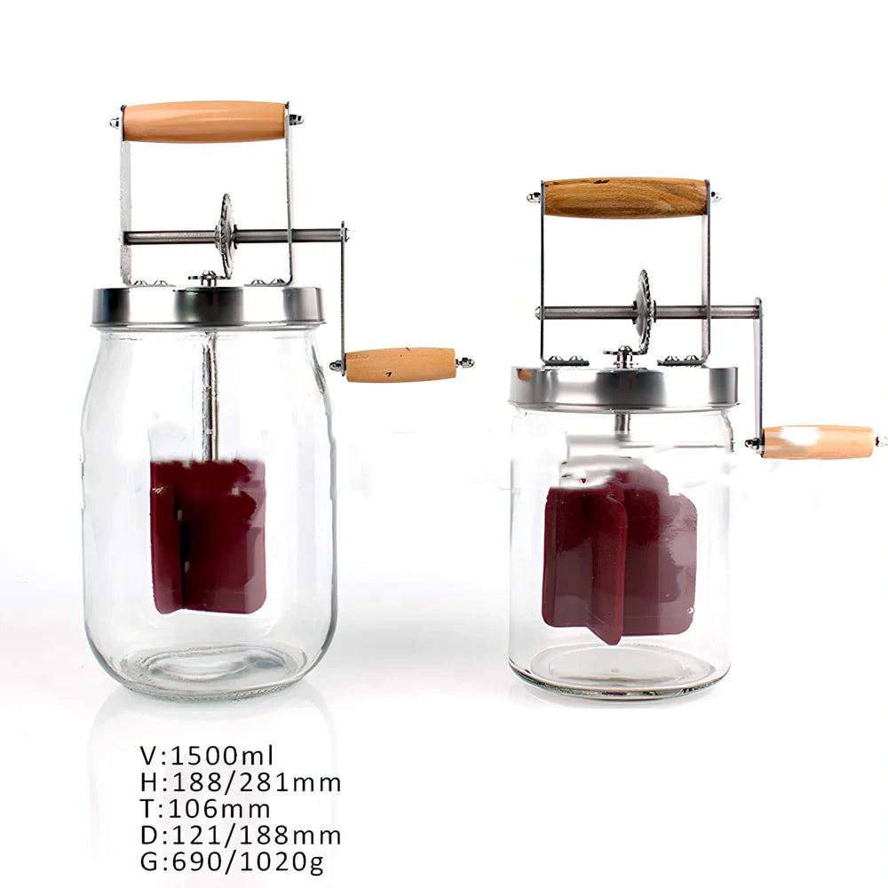 Food grade glass blender with high white glass container showing 1500ml and 1000ml capacity options