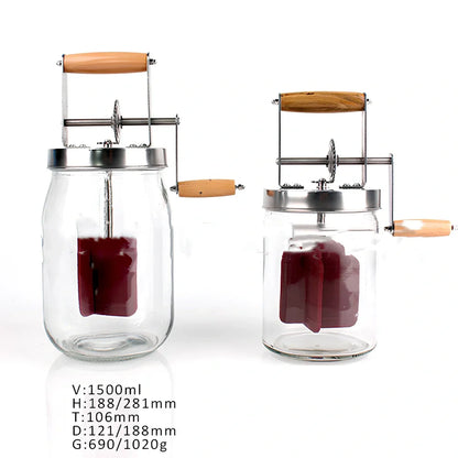 Food grade glass blender with high white glass container showing 1500ml and 1000ml capacity options