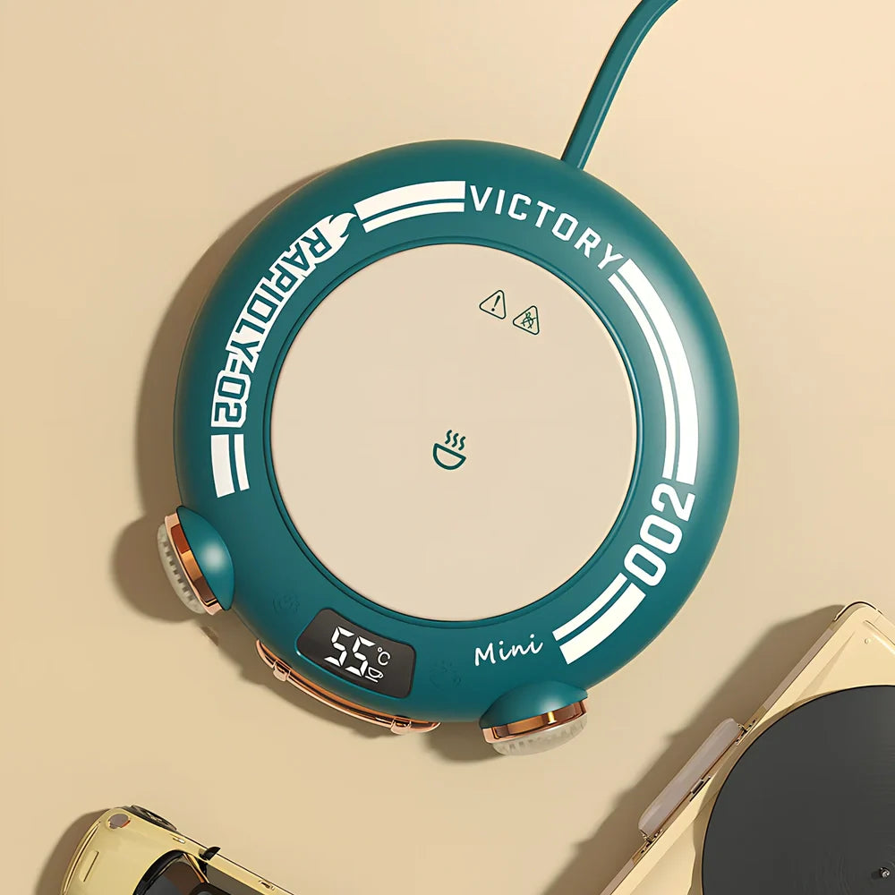 Green portable coffee mug warmer with touch controls and 100mm heating surface for office desks